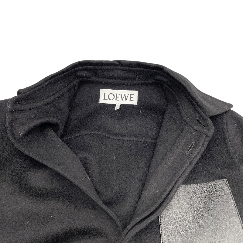 ロエベ LOEWE レザーパッチトラペーズコート S359Y01X98 ブラック ウール レディース ノーカラージャケット