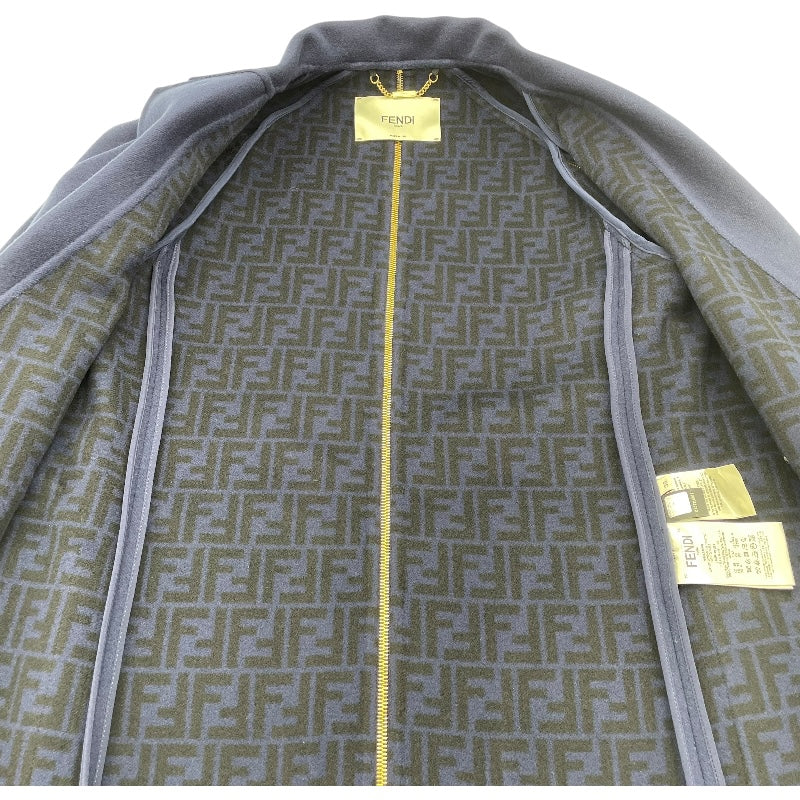 フェンディ FENDI FFジップデザインロングコート ネイビー 羊毛 レディース ステンカラーコート