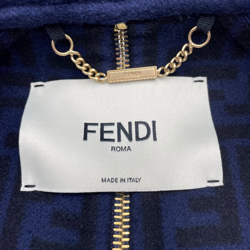 フェンディ FENDI FFジップデザインロングコート ネイビー 羊毛 レディース ステンカラーコート