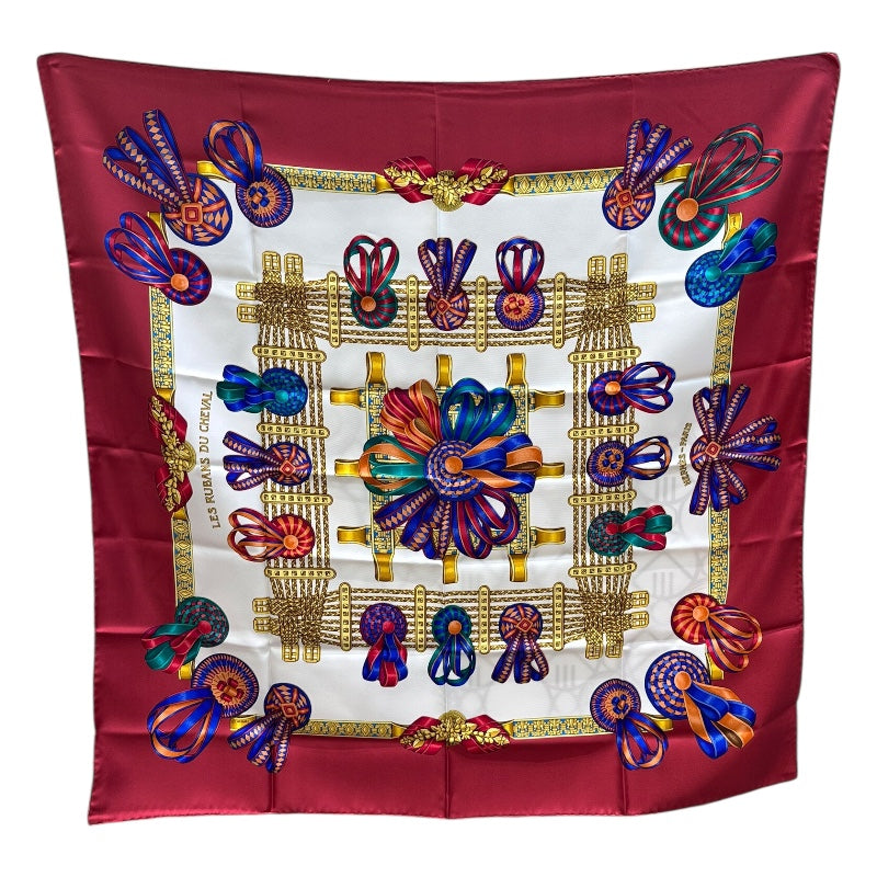 エルメス HERMES カレ90 LES RUBANS DO CHEVAL レッド シルク ユニセックス スカーフ