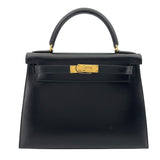 エルメス HERMES ケリー28 外縫い □C刻 ブラック GD金具 ボックスカーフ レディース ショルダーバッグ