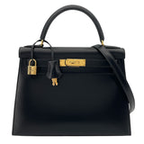 エルメス HERMES ケリー28 外縫い □C刻 ブラック GD金具 ボックスカーフ レディース ショルダーバッグ