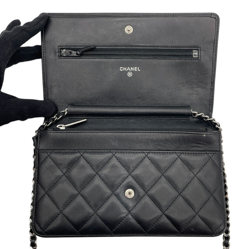 シャネル CHANEL カンボンラインチェーンウォレット A46646 15番台 ブラック SV金具 カーフ レディース ウォレットチェーン