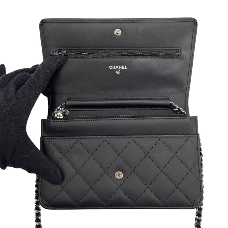 シャネル CHANEL カンボンラインチェーンウォレット A46646 20番台 ブラック SV金具 カーフ レディース ウォレットチェーン