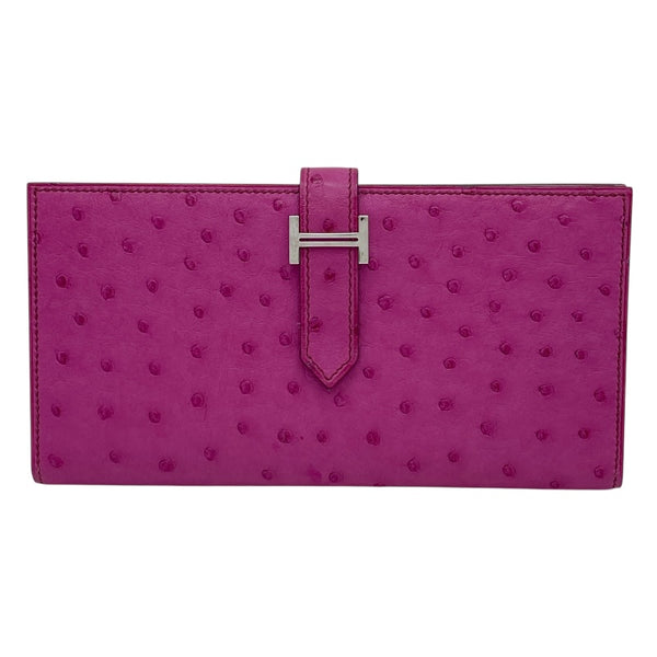 エルメス HERMES ベアンスフレ □M刻 フーシャピンク SV金具 オーストリッチ レディース 長財布