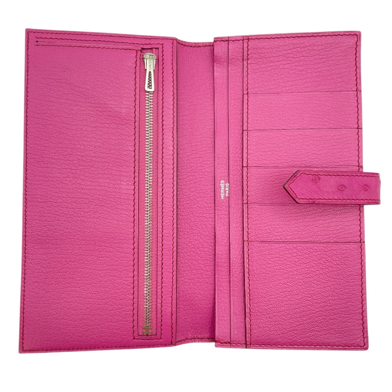 エルメス HERMES ベアンスフレ □M刻 フーシャピンク SV金具 オーストリッチ レディース 長財布