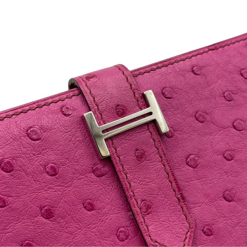 エルメス HERMES ベアンスフレ □M刻 フーシャピンク SV金具 オーストリッチ レディース 長財布