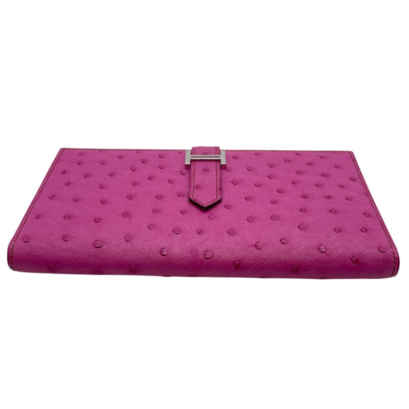エルメス HERMES ベアンスフレ □M刻 フーシャピンク SV金具 オーストリッチ レディース 長財布