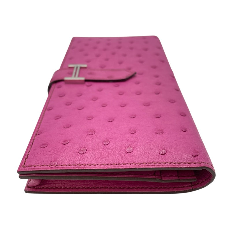 エルメス HERMES ベアンスフレ □M刻 フーシャピンク SV金具 オーストリッチ レディース 長財布