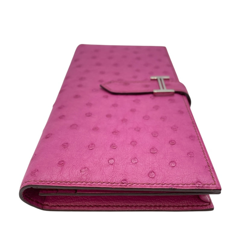 エルメス HERMES ベアンスフレ □M刻 フーシャピンク SV金具 オーストリッチ レディース 長財布