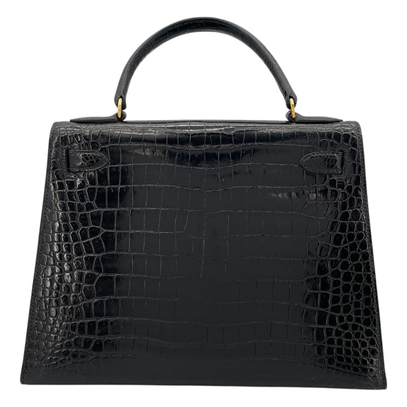エルメス HERMES ケリー28 外縫い ○J刻 ブラック GD金具 クロコダイル レディース ショルダーバッグ