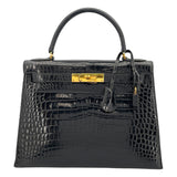 エルメス HERMES ケリー28 外縫い ○J刻 ブラック GD金具 クロコダイル レディース ショルダーバッグ