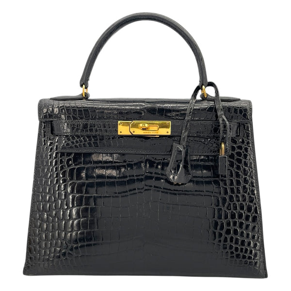 エルメス HERMES ケリー28 外縫い ○J刻 ブラック GD金具 クロコダイル レディース ショルダーバッグ