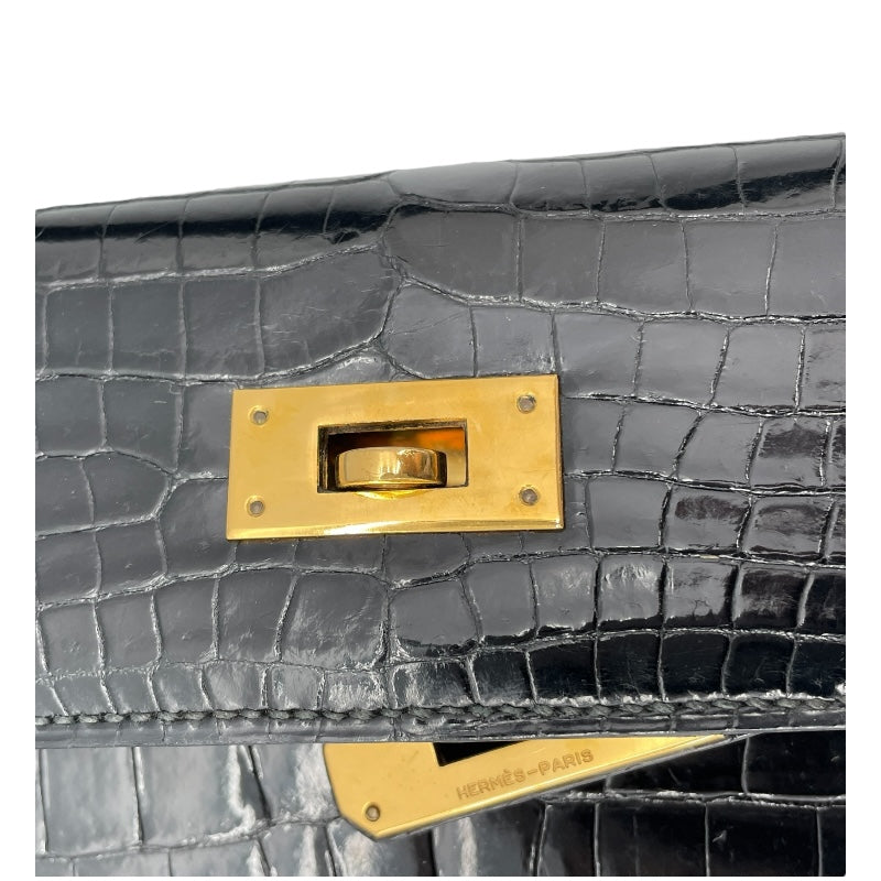 エルメス HERMES ケリー28 外縫い ○J刻 ブラック GD金具 クロコダイル レディース ショルダーバッグ