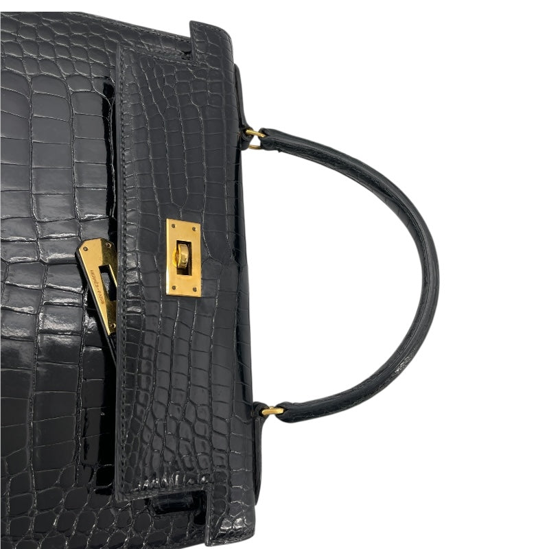 エルメス HERMES ケリー28 外縫い ○J刻 ブラック GD金具 クロコダイル レディース ショルダーバッグ