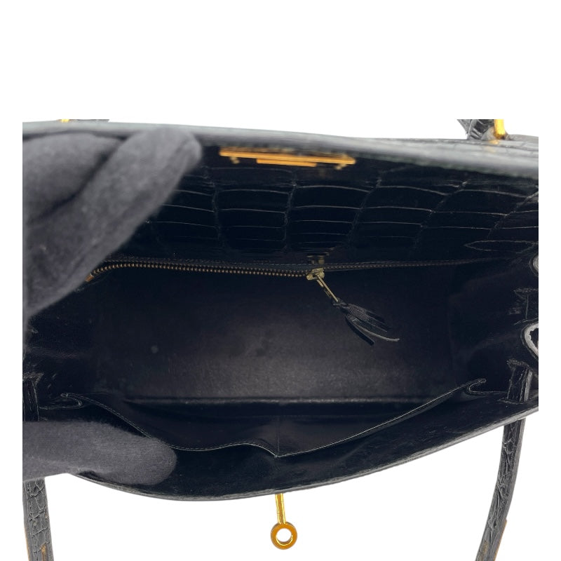エルメス HERMES ケリー28 外縫い ○J刻 ブラック GD金具 クロコダイル レディース ショルダーバッグ