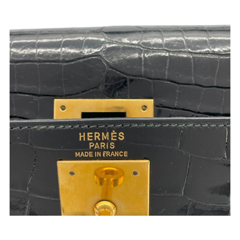 エルメス HERMES ケリー28 外縫い ○J刻 ブラック GD金具 クロコダイル レディース ショルダーバッグ