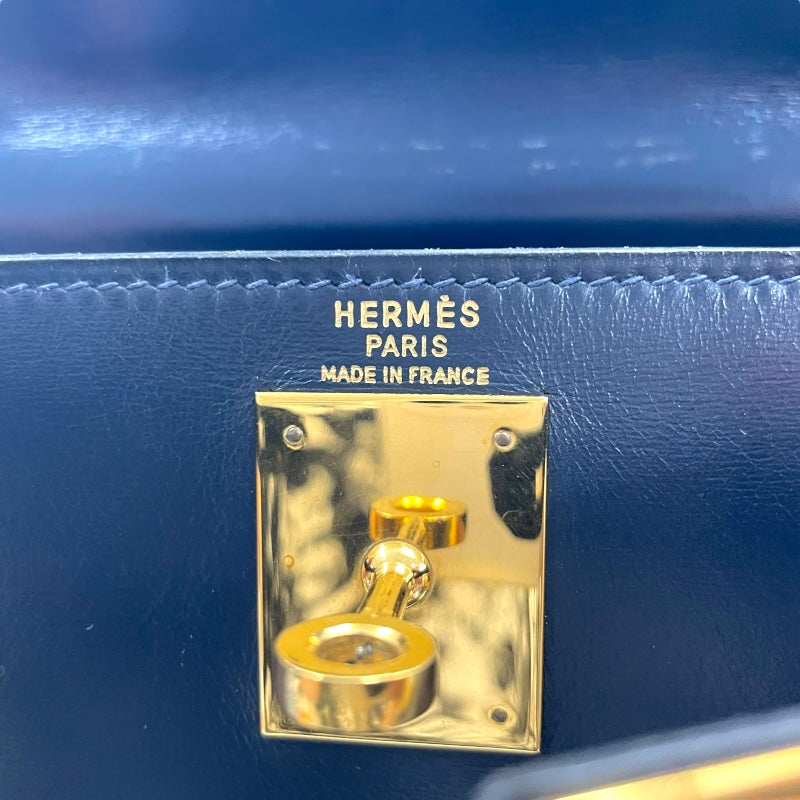 エルメス HERMES ケリー28 内縫い 〇O刻印　(1985年製) ブルーインディゴ　ゴールド金具 ボックスカーフ レディース ショルダーバッグ