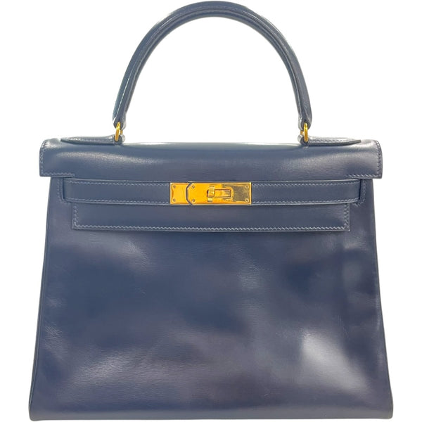 エルメス HERMES ケリー28 内縫い 〇O刻印　(1985年製) ブルーインディゴ　ゴールド金具 ボックスカーフ レディース ショルダーバッグ