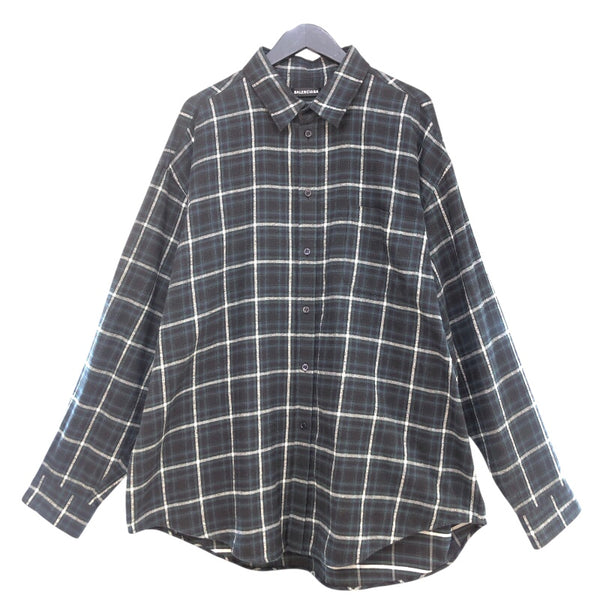 バレンシアガ BALENCIAGA バックロゴ刺繍長袖チェックシャツ 542174 ブラック×グリーン コットン メンズ 長袖シャツ