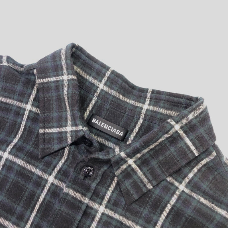 バレンシアガ BALENCIAGA バックロゴ刺繍長袖チェックシャツ 542174 ブラック×グリーン コットン メンズ 長袖シャツ