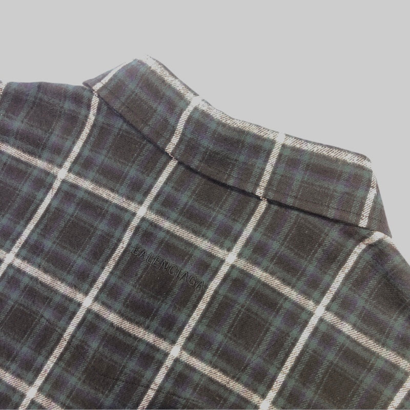 バレンシアガ BALENCIAGA バックロゴ刺繍長袖チェックシャツ 542174 ブラック×グリーン コットン メンズ 長袖シャツ