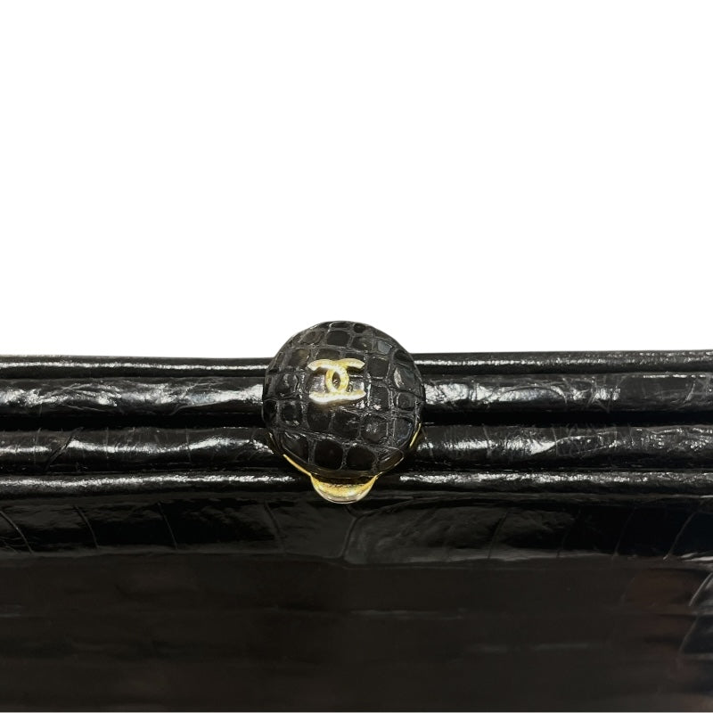 シャネル CHANEL ココマークガマ口ハンドバッグ ブラック ゴールド金具 クロコダイル クロコ レディース ハンドバッグ