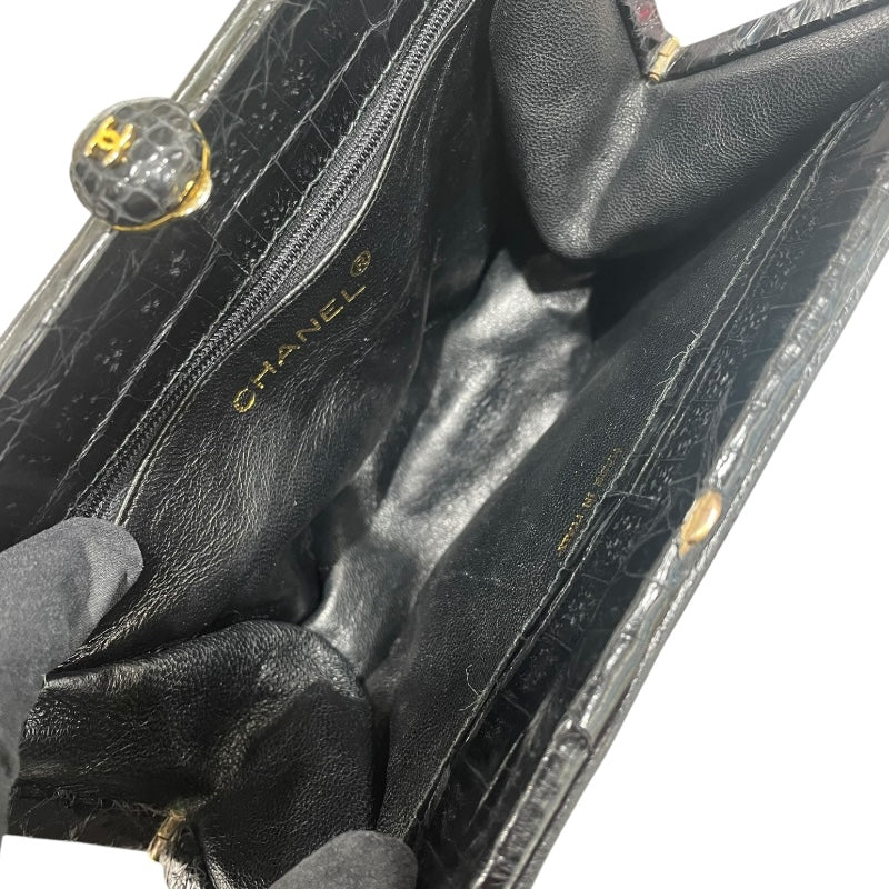 シャネル CHANEL ココマークガマ口ハンドバッグ ブラック ゴールド金具 クロコダイル クロコ レディース ハンドバッグ