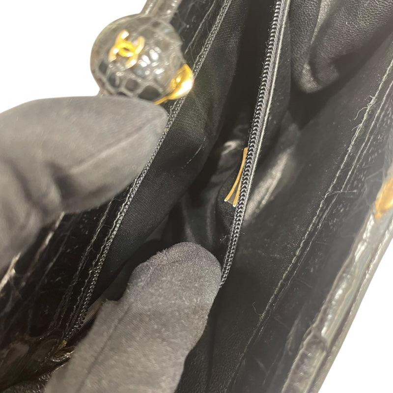 シャネル CHANEL ココマークガマ口ハンドバッグ ブラック ゴールド金具 クロコダイル クロコ レディース ハンドバッグ