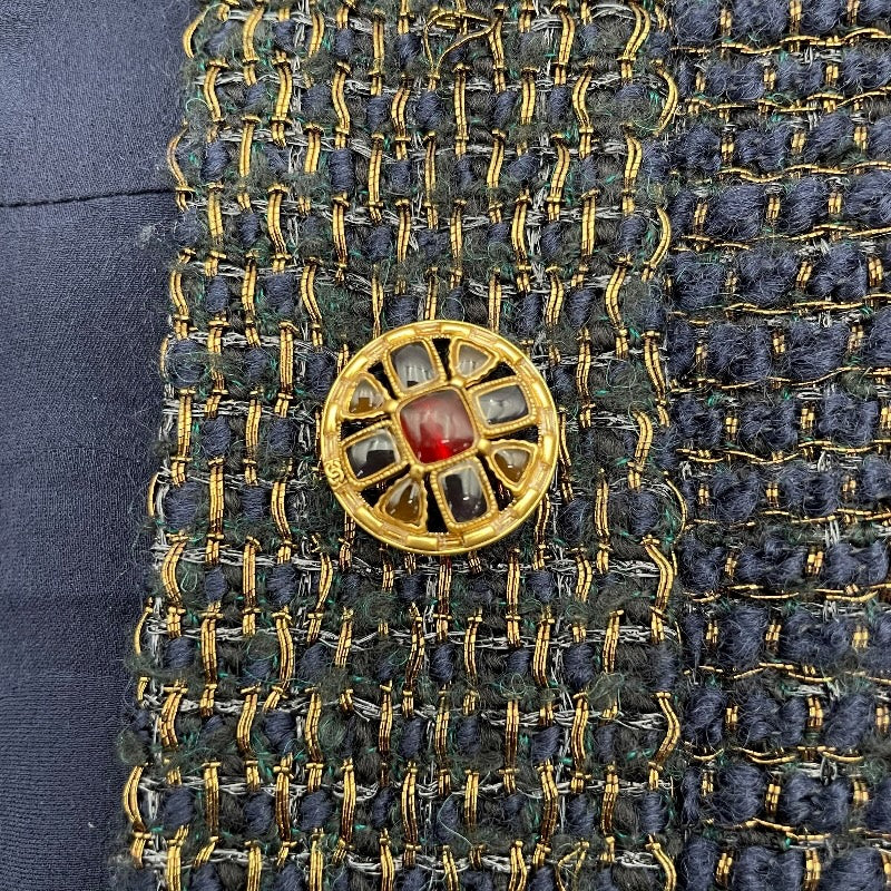 シャネル CHANEL ノーカラーツイードジャケット P61802 ネイビー ツイード レディース ノーカラージャケット