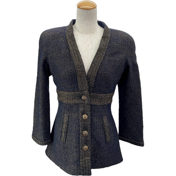 シャネル CHANEL ノーカラーツイードジャケット P61802 ネイビー ツイード レディース ノーカラージャケット