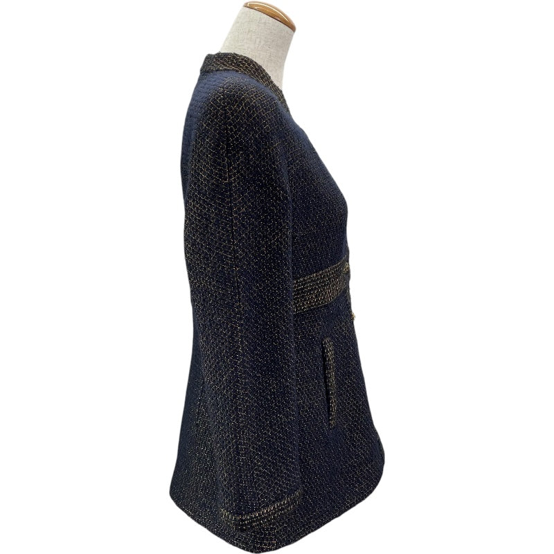 シャネル CHANEL ノーカラーツイードジャケット P61802 ネイビー ツイード レディース ノーカラージャケット