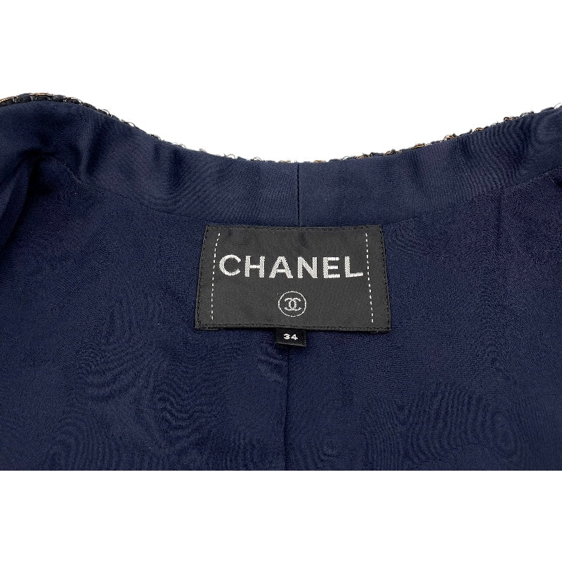シャネル CHANEL ノーカラーツイードジャケット P61802 ネイビー ツイード レディース ノーカラージャケット