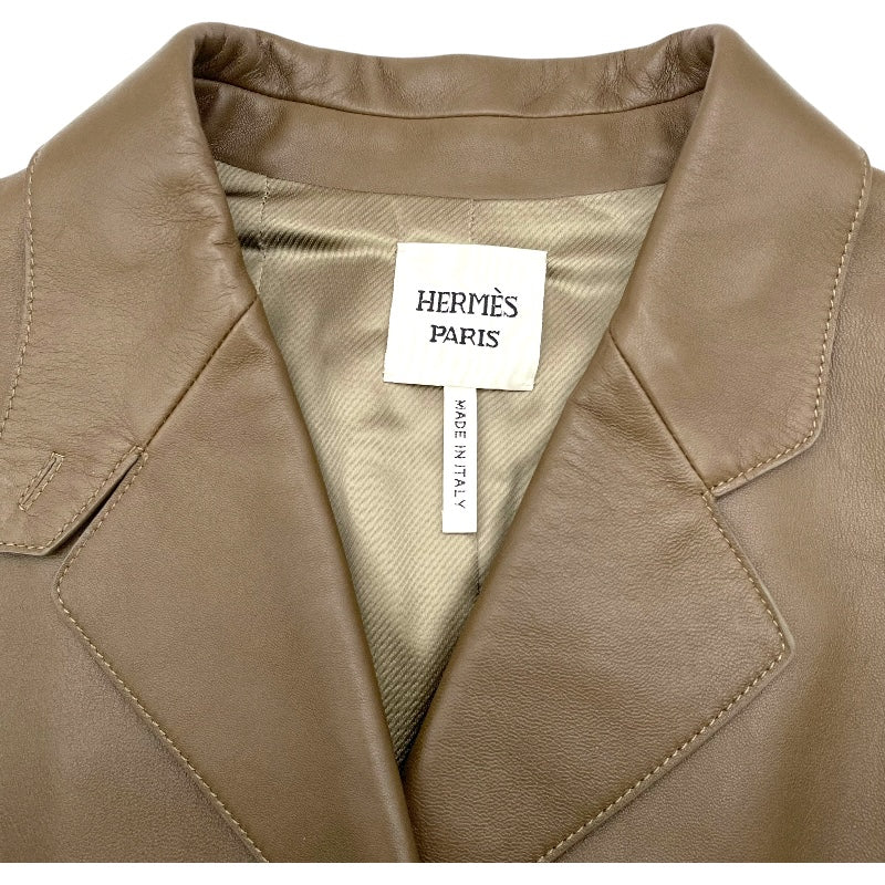 エルメス HERMES レザーロングコート 2H1121D4 ブラウン 羊革 レディース ステンカラーコート