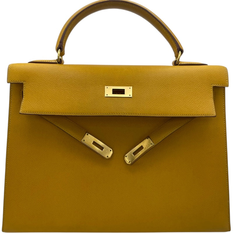 エルメス HERMES ケリー32 外縫い 〇W刻 イエロー GD金具 クシュベル レディース ハンドバッグ