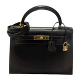 エルメス HERMES ケリー28 外縫い □A刻 ブラック/ゴールド金具 ボックスカーフ レディース ハンドバッグ