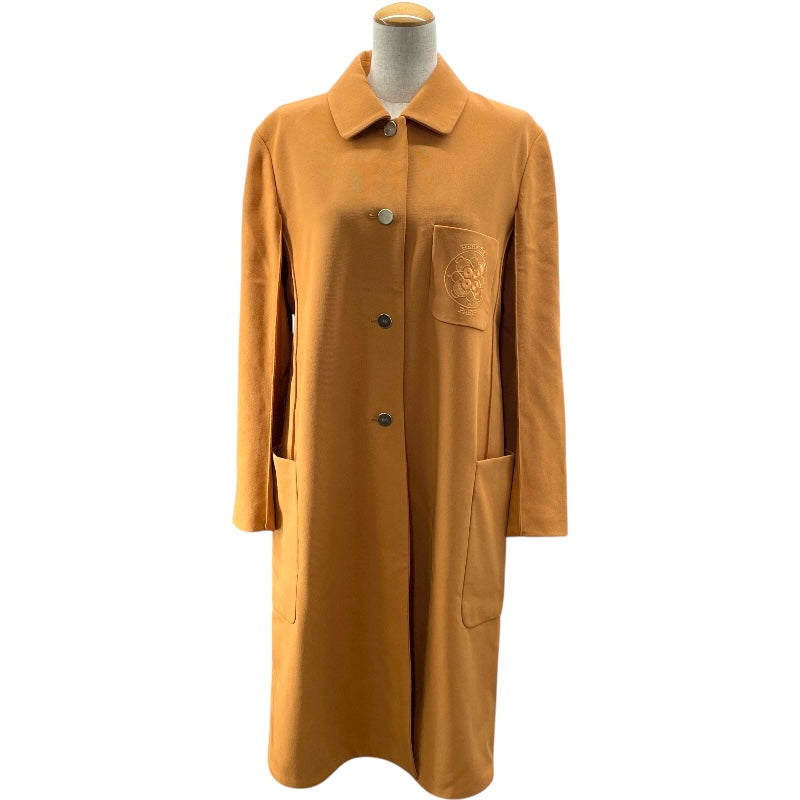 エルメス HERMES 刺繍ポケットステンカラーコート オレンジ ウール レディース ステンカラーコート