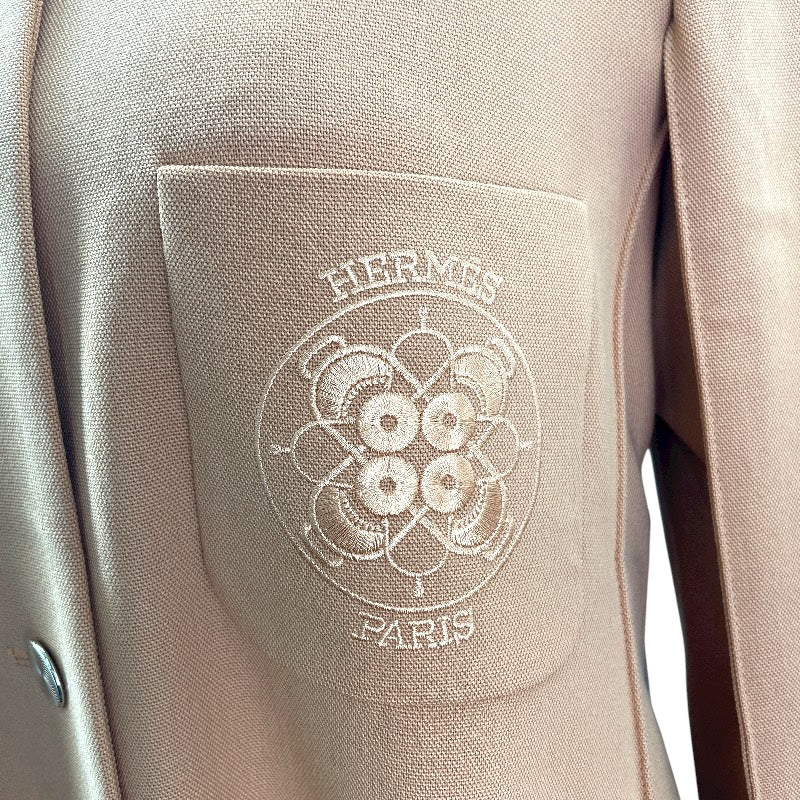 エルメス HERMES 刺繍ポケットステンカラーコート オレンジ ウール レディース ステンカラーコート