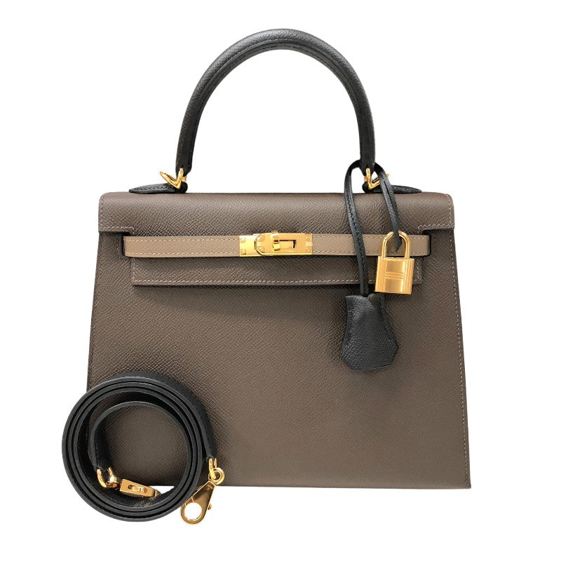 エルメス HERMES ケリー25 外縫い トリコロール B刻 エコルセ・エトゥープ・ブラック ゴールド金具 エプソン レディース ハンドバッグ