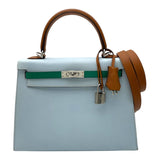 エルメス HERMES ケリー25 外縫い トリコロール U刻 ブルーブリュム・ヴェール SV金具 エプソン レディース ハンドバッグ