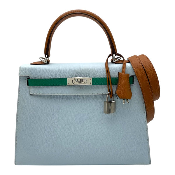 エルメス HERMES ケリー25 外縫い トリコロール U刻 ブルーブリュム・ヴェール SV金具 エプソン レディース ハンドバッグ