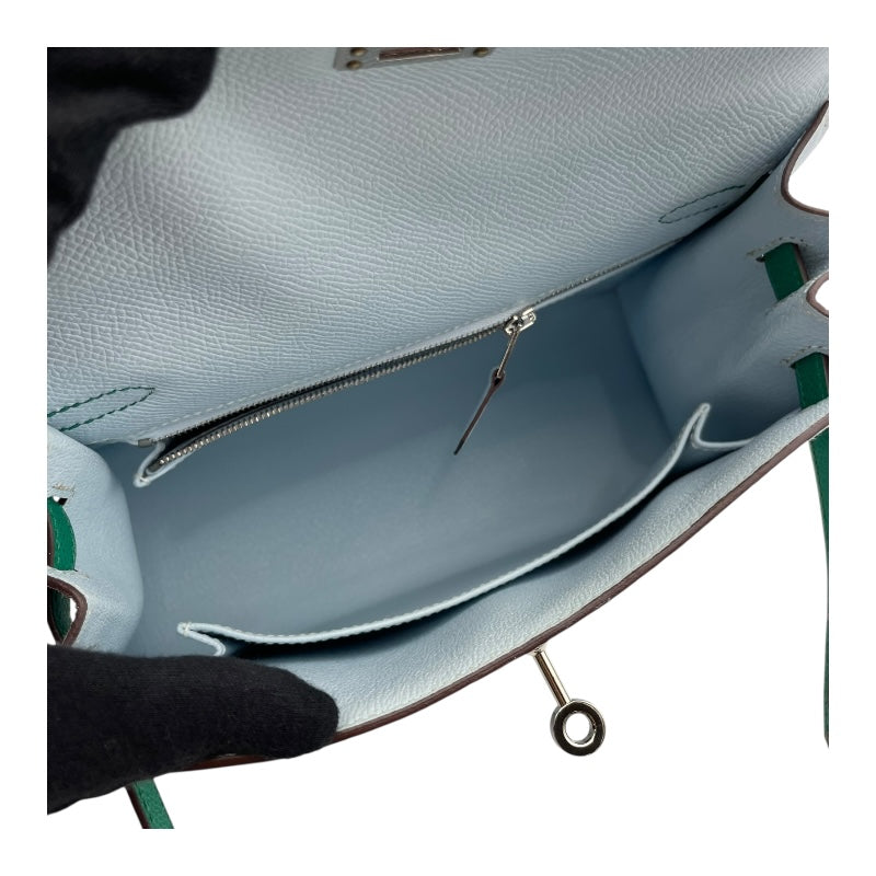 エルメス HERMES ケリー25 外縫い トリコロール U刻 ブルーブリュム・ヴェール SV金具 エプソン レディース ハンドバッグ