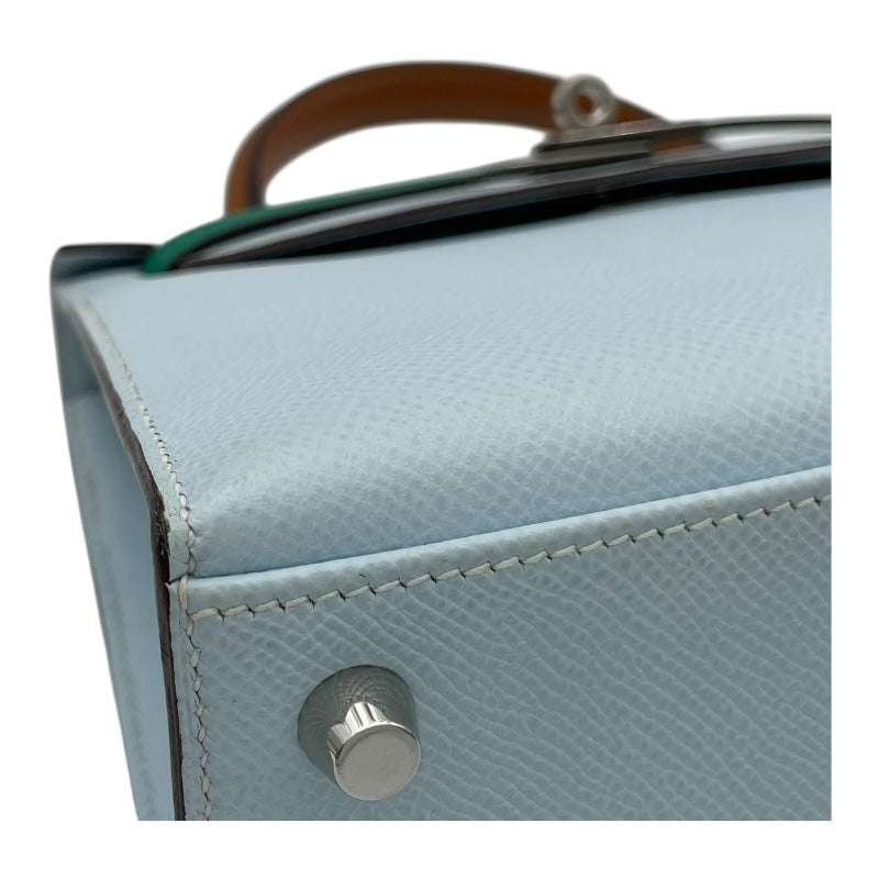 エルメス HERMES ケリー25 外縫い トリコロール U刻 ブルーブリュム・ヴェール SV金具 エプソン レディース ハンドバッグ