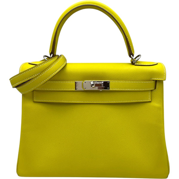 エルメス HERMES ケリー28 内縫い キャンディ □O刻印 ライム/パールグレー SV金具 エプソン レディース ショルダーバッグ