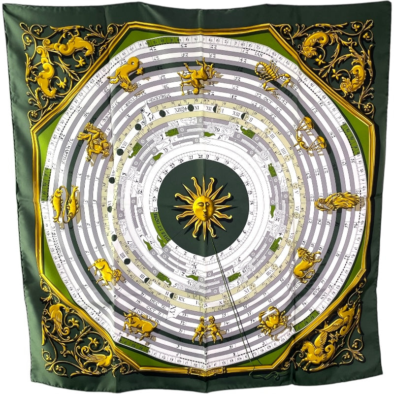 エルメス HERMES カレ90 占星術 グリーン/ホワイト シルク レディース スカーフ