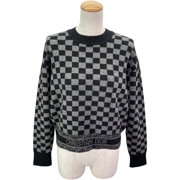 クリスチャン・ディオール Christian Dior チェックロゴ カシミヤ ニットセーター グレー カシミヤ レディース セーター