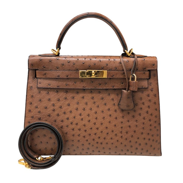 エルメス HERMES ケリー32 ブラウン ゴールド金具 オーストリッチ レディース ショルダーバッグ
