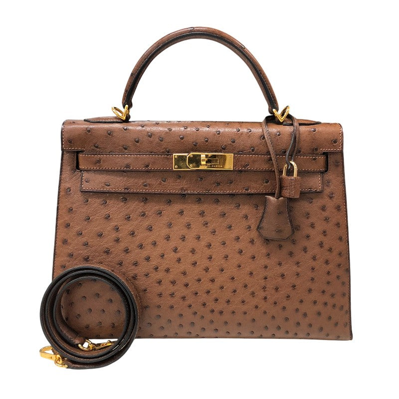 エルメス HERMES ケリー32 ブラウン ゴールド金具 オーストリッチ レディース ショルダーバッグ