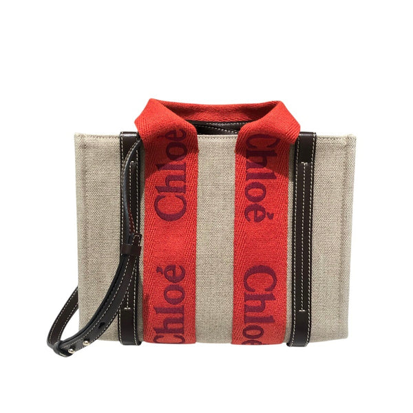 クロエ Chloe ウッディスモールトート ベージュ・レッド リネン レディース ハンドバッグ