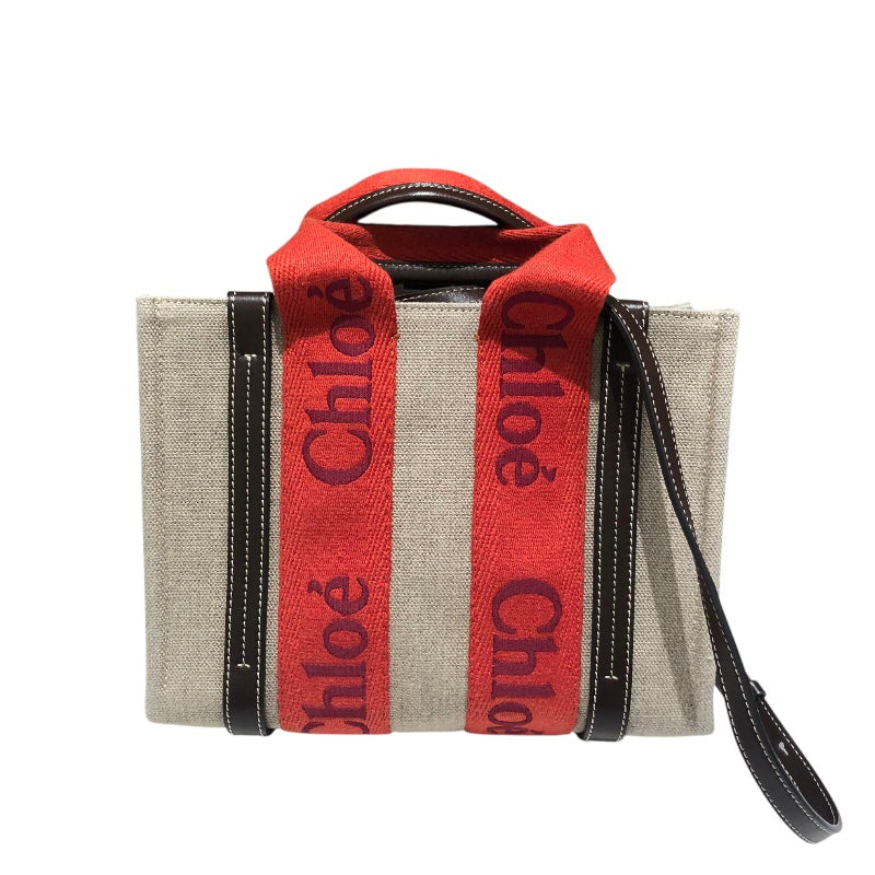 クロエ Chloe ウッディスモールトート ベージュ・レッド リネン レディース ハンドバッグ